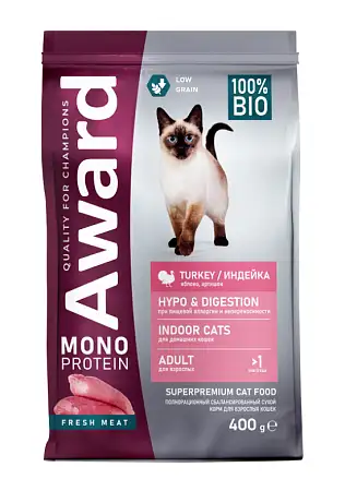 Купить award monoprotein сухой корм для взрослых кошек с индейкой, яблоками и артишоками