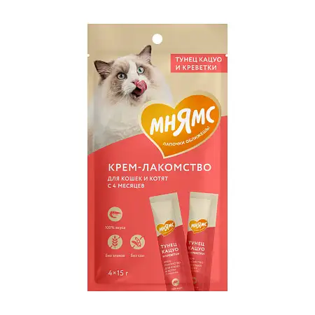 Купить Мнямс крем-лакомство для кошек с тунцом Кацуо и креветками