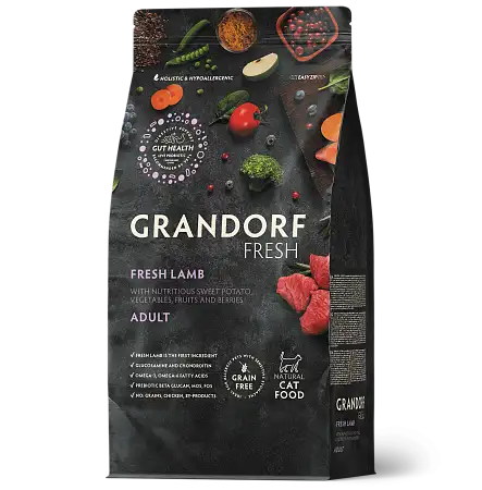 Купить grandorf fresh сухой беззерновой корм для взрослых кошек с живыми пробиотиками, ягненок и батат