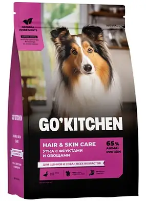 GO'KITCHEN HAIR&SKIN CARE сухой корм для щенков и собак всех возрастов со свежей уткой, фруктами и овощами для кожи и шерсти